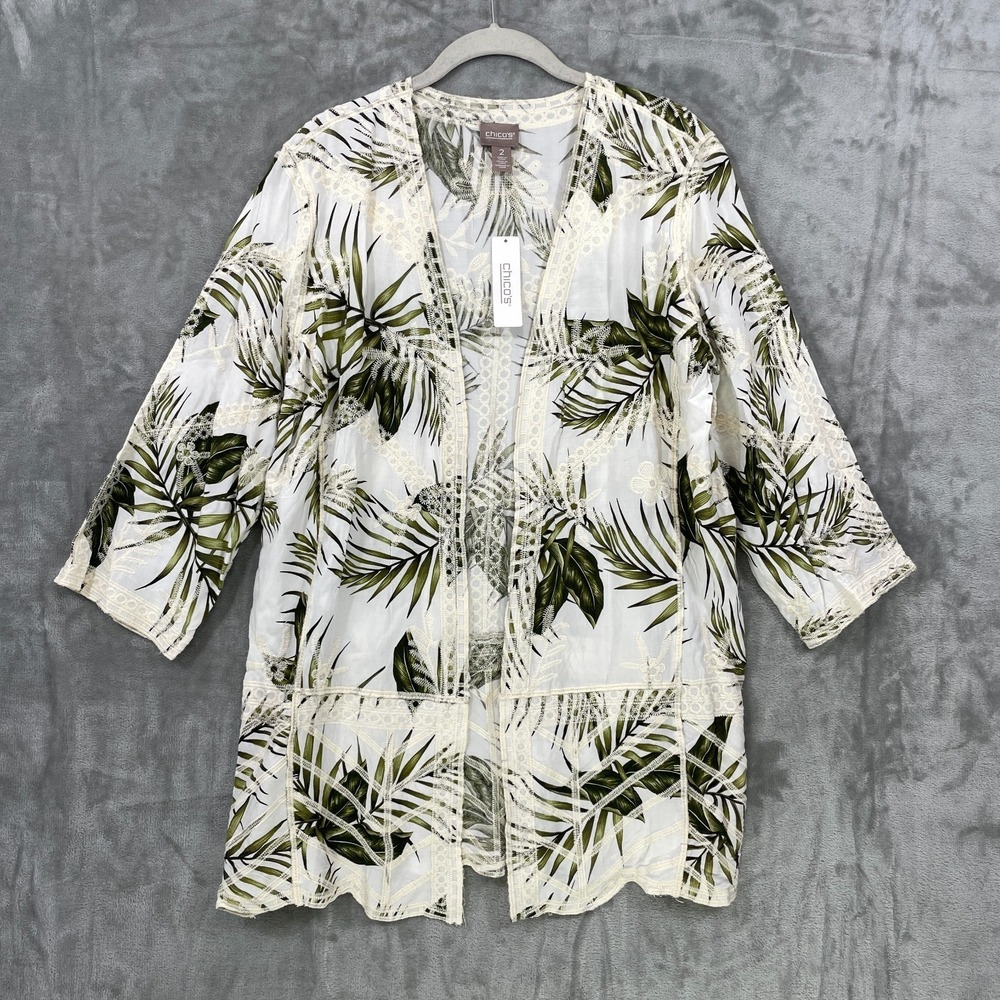 NEW Chico's Size 2 (Large) Lacy Palm Leaf Embroidered Open Front Cardigan NWT